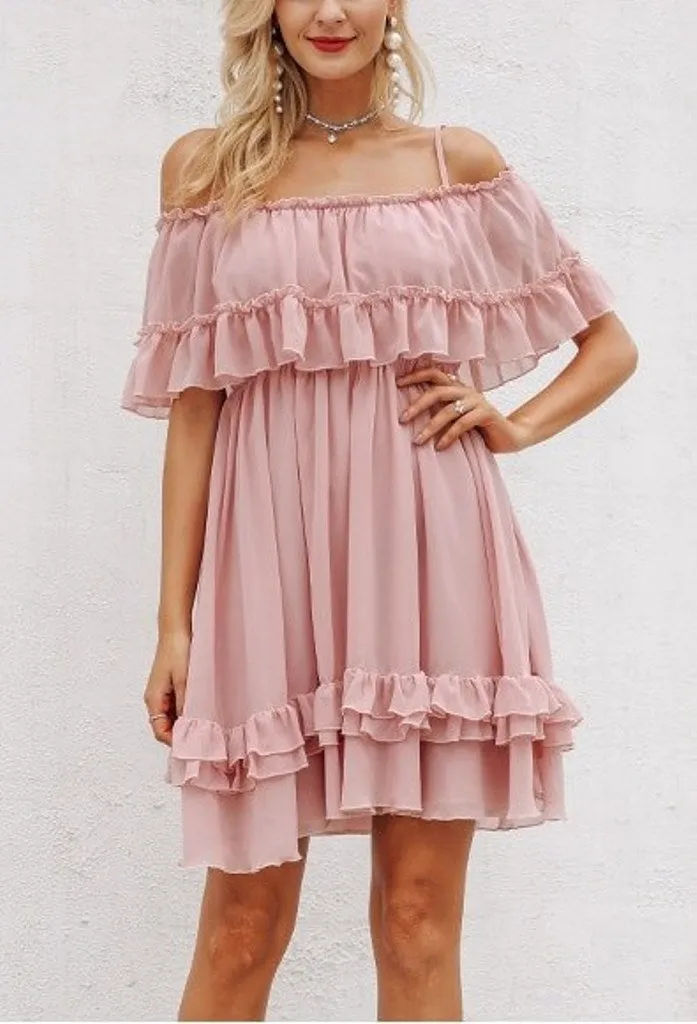 Women's Summer Ruffled Off-Shoulder Strappy Chiffon Short Dress