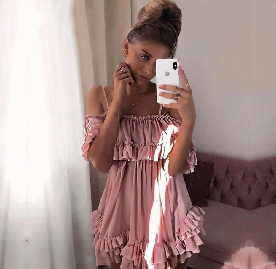 Women's Summer Ruffled Off-Shoulder Strappy Chiffon Short Dress