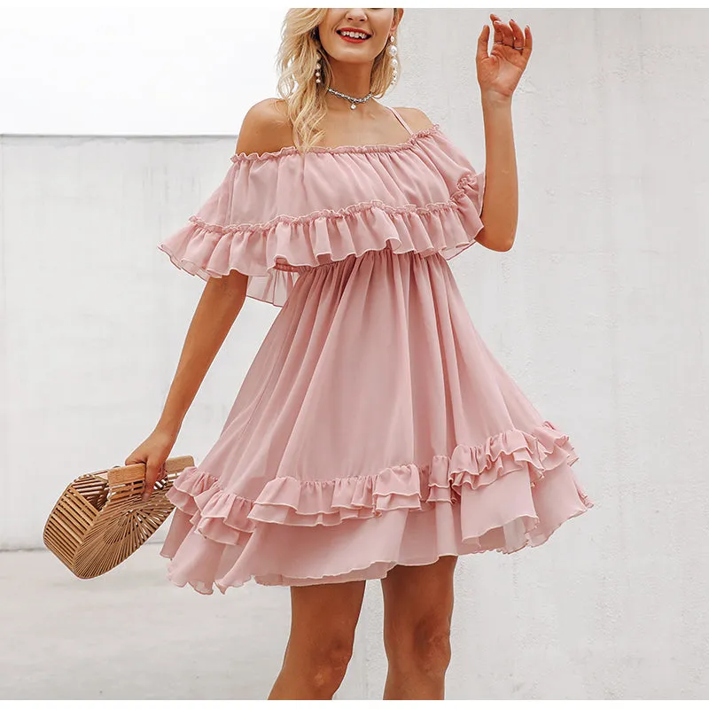 Women's Summer Ruffled Off-Shoulder Strappy Chiffon Short Dress