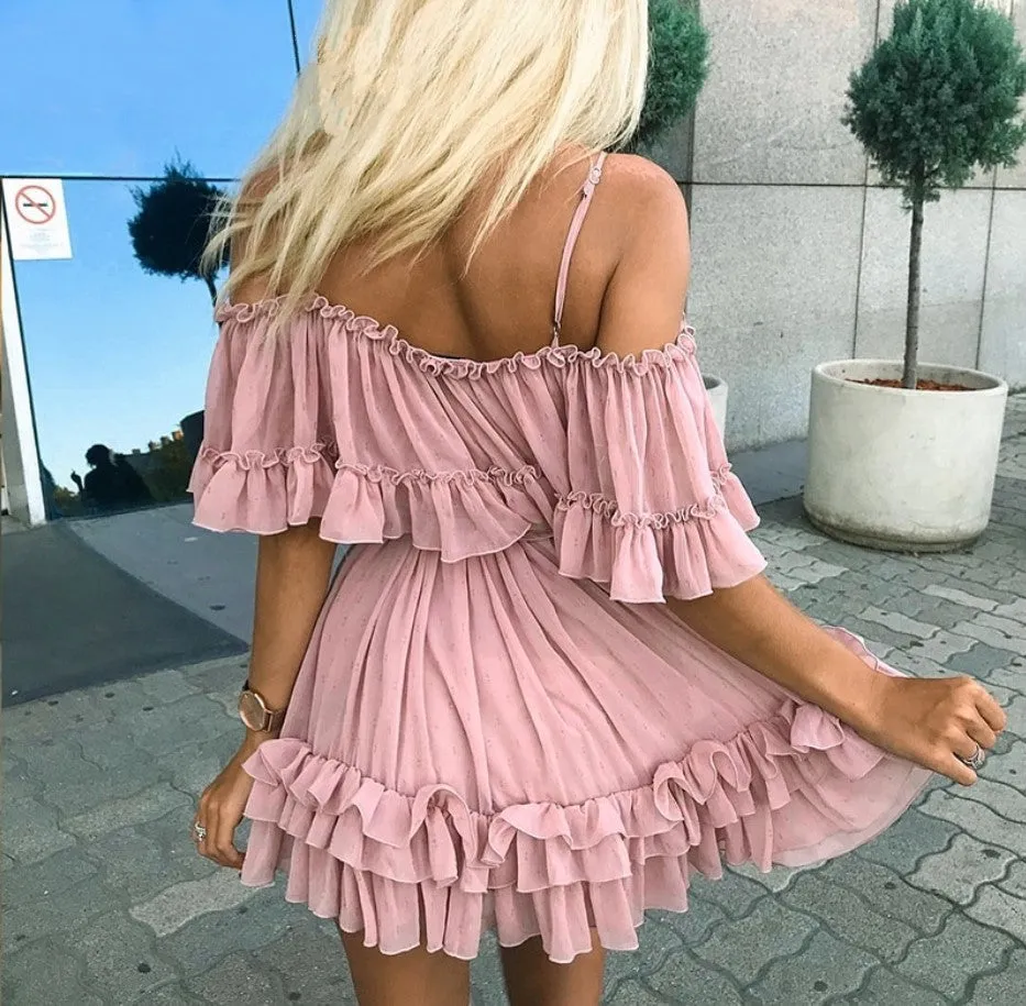 Women's Summer Ruffled Off-Shoulder Strappy Chiffon Short Dress