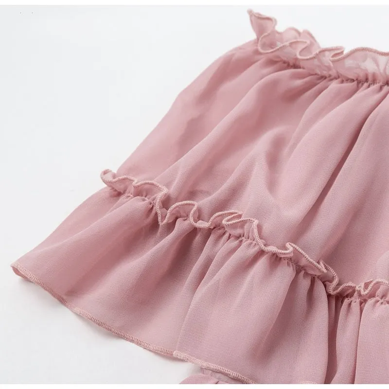Women's Summer Ruffled Off-Shoulder Strappy Chiffon Short Dress