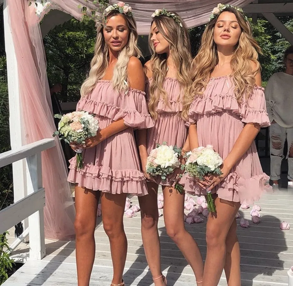 Women's Summer Ruffled Off-Shoulder Strappy Chiffon Short Dress