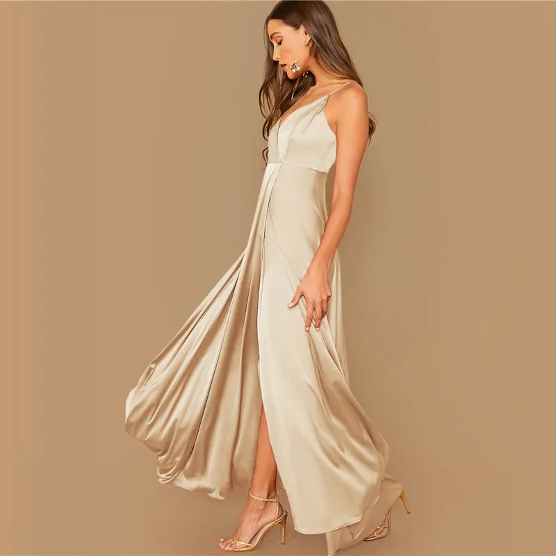 Women's Summer Satin A-Line V-Neck Long Dress