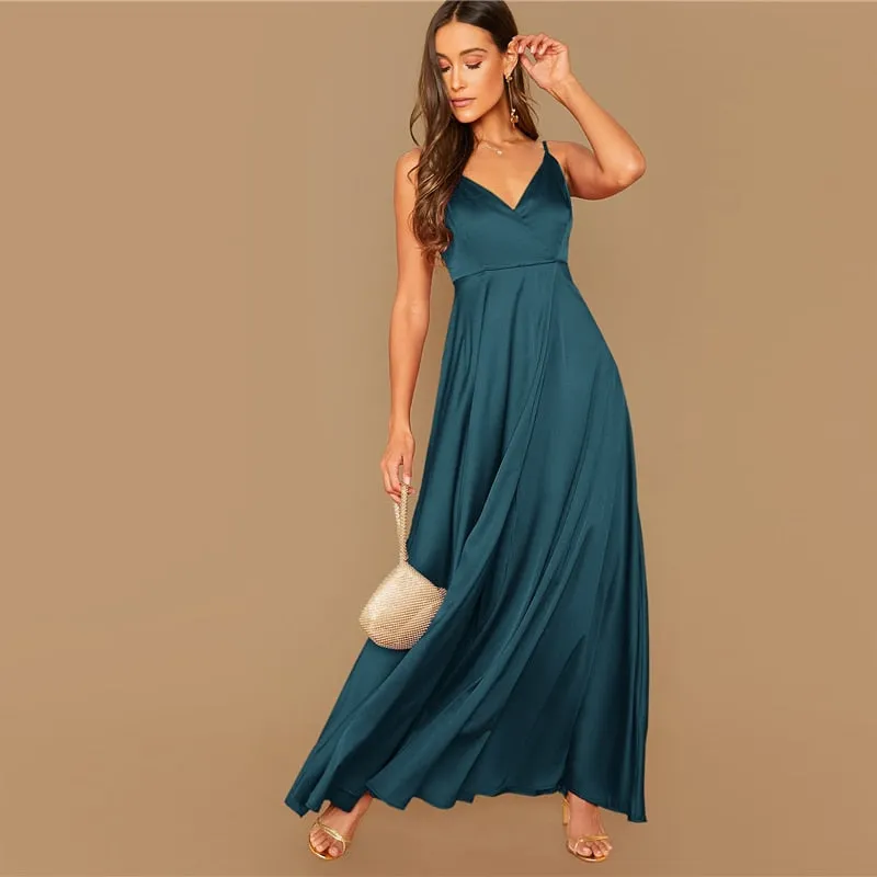 Women's Summer Satin A-Line V-Neck Long Dress