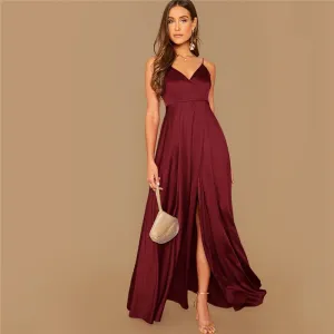 Women's Summer Satin A-Line V-Neck Long Dress