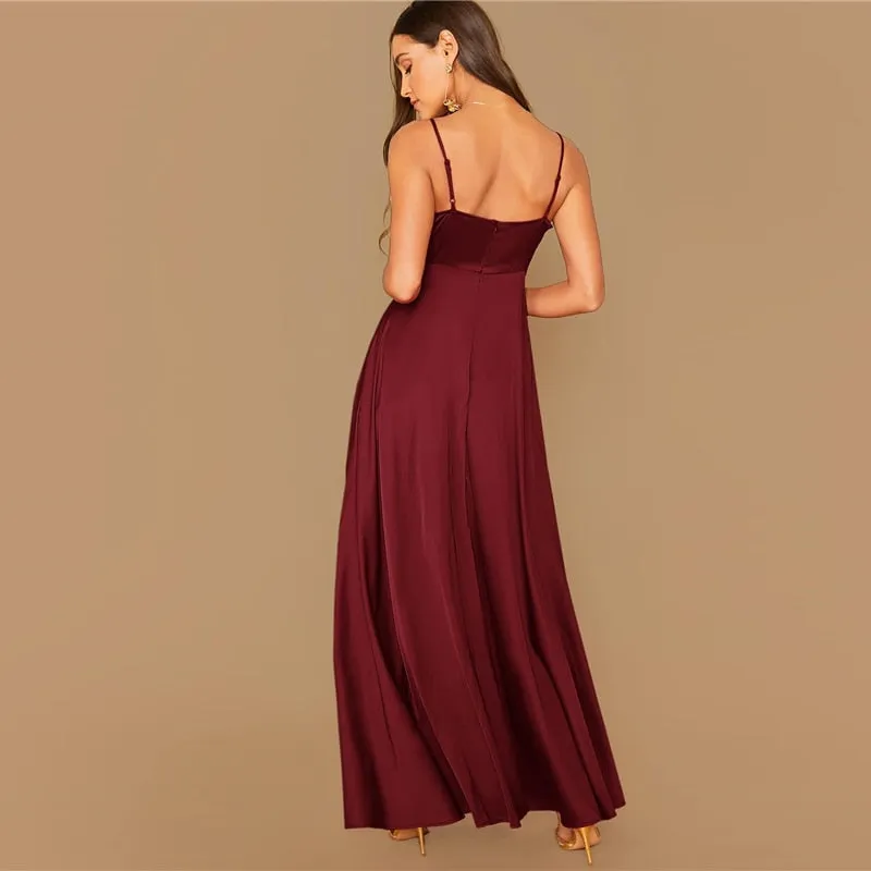 Women's Summer Satin A-Line V-Neck Long Dress
