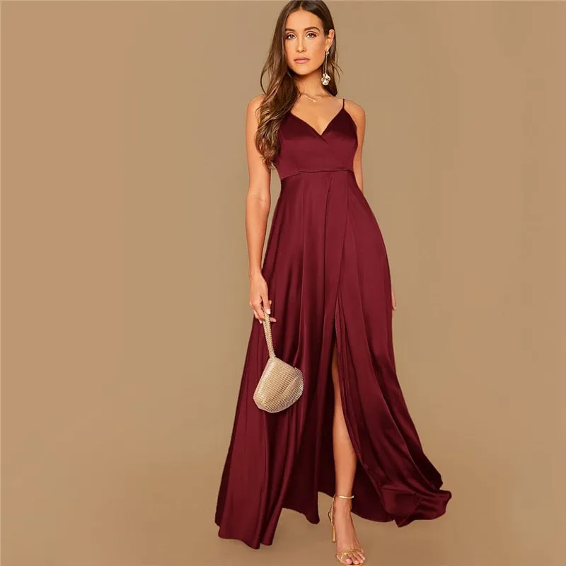 Women's Summer Satin A-Line V-Neck Long Dress