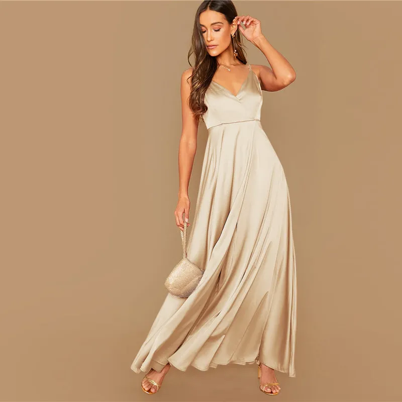 Women's Summer Satin A-Line V-Neck Long Dress