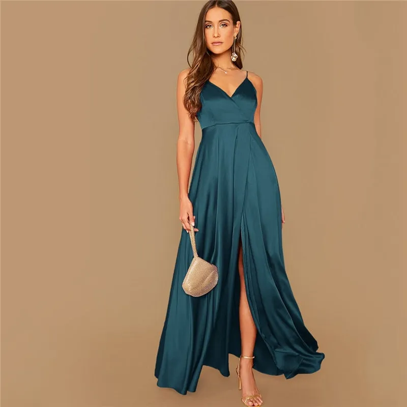 Women's Summer Satin A-Line V-Neck Long Dress