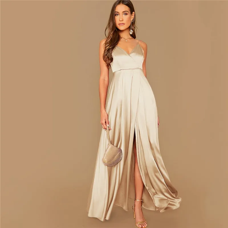 Women's Summer Satin A-Line V-Neck Long Dress