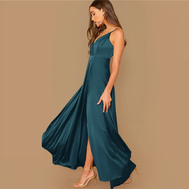Women's Summer Satin A-Line V-Neck Long Dress