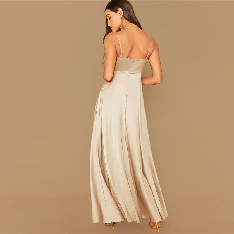 Women's Summer Satin A-Line V-Neck Long Dress