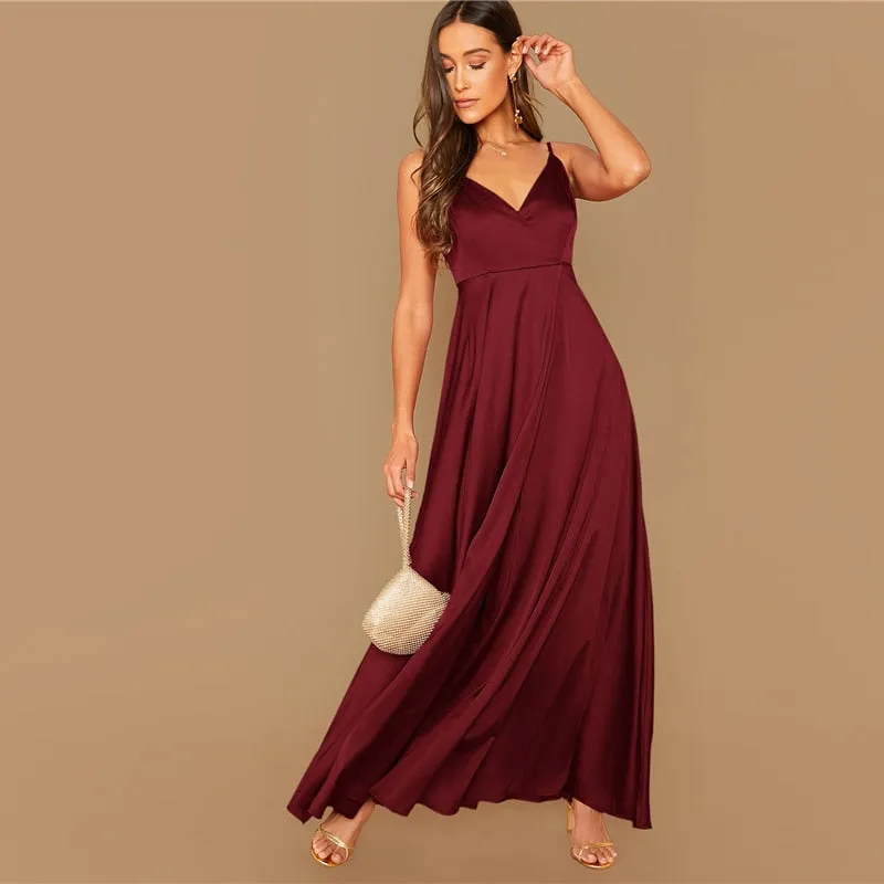 Women's Summer Satin A-Line V-Neck Long Dress